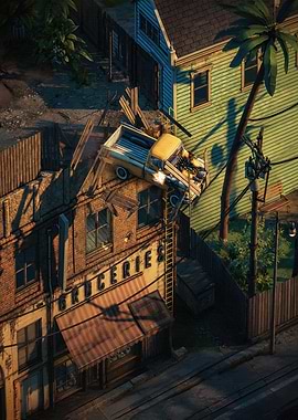 Yellow Pickup Truck Crashed Into Building