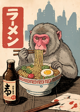Japanese Macaque Eating Ramen Illustration