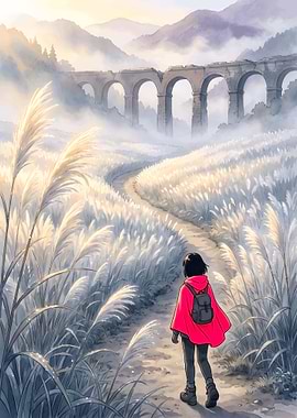Girl Walking Through Misty Grasslands