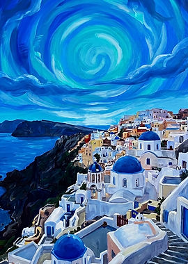 Santorini Blue Dome Landscape Painting
