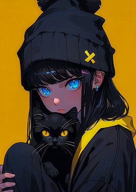 Anime Girl with Black Cat