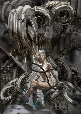 Woman Amidst Industrial Metal Pipes