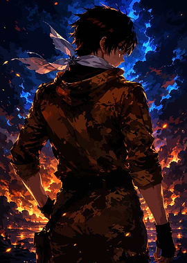 Anime Warrior Against Fiery Background