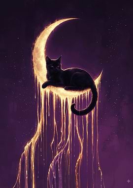 Black Cat Resting on Melting Moon