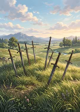 Seven Swords in a Grassy Field