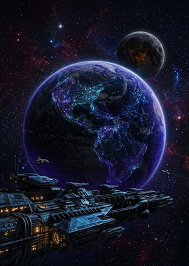 Futuristic Spaceship Orbiting Earth