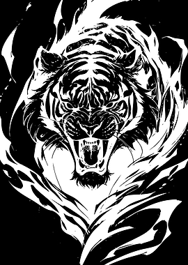 Fierce Black and White Tiger Illustration