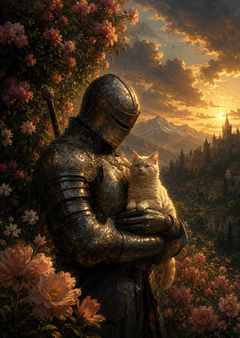 Knight Holding a Cat in Garden