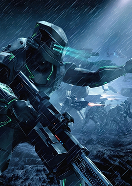 Futuristic Soldiers in Rainy Battle