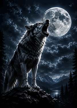Wolf Howling at Full Moon