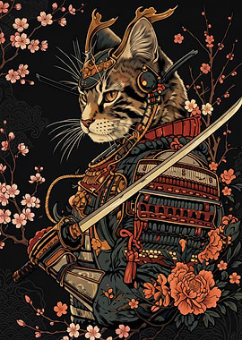 Samurai Cat with Katana and Blossoms