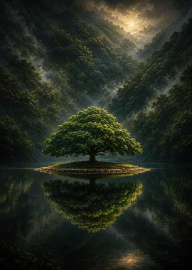 Solitary Tree on Island Lake