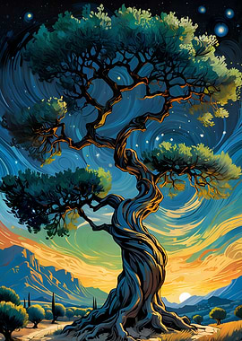 Twisted Ancient Tree Under Starry Sky