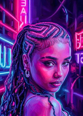 Neon girl Portrait with Braided Hair