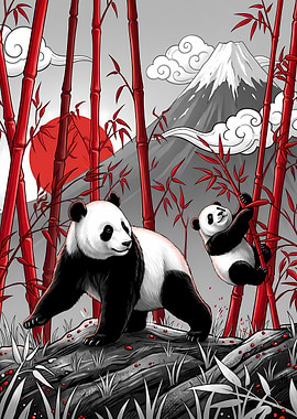 Pandas in Red Bamboo Forest