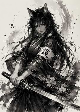 Wolf Girl Samurai Ink Wash Art