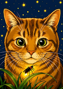 Tabby Cat Watching a Firefly