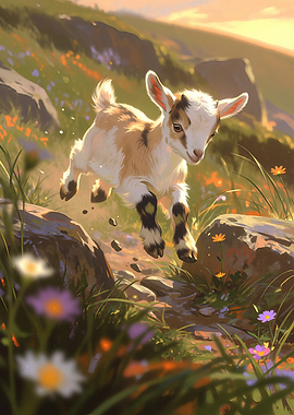 Playful Baby Goat in Wildflowers