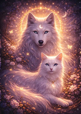 Ethereal White Wolf and Cat