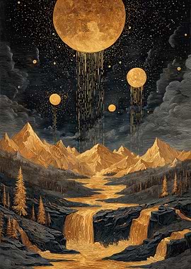 Golden Celestial Waterfall Landscape