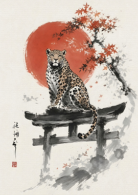 Leopard Perched on Japanese Torii Gate