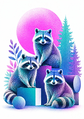 Vibrant Stippled Raccoons Art