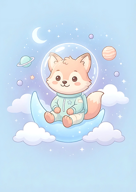 Cute Fox Astronaut on Moon