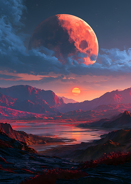 Surreal Alien Landscape with Red Moon