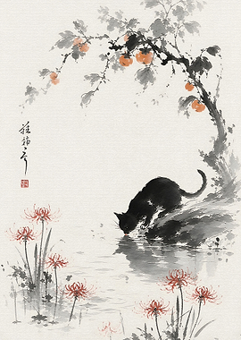 Black Cat Drinking by Persimmon Tree
