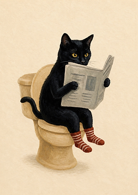 Black Cat Reading on Toilet