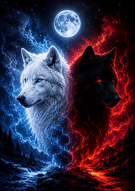 Dual Elemental Wolves Under Full Moon