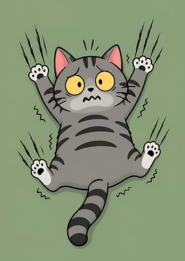 Scared Tabby Cat Clinging to Wall