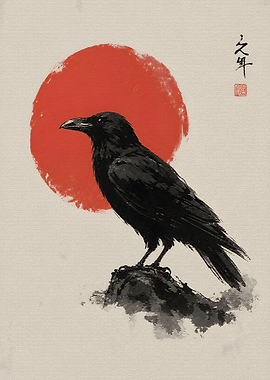 Japanese Ink Wash Raven Painting