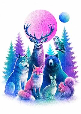 Stippled Neon Forest Animals Portrait