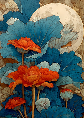 Vibrant Orange Flowers and Blue Leaves