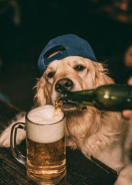 Golden Retriever Wearing Cap Drinking Beer