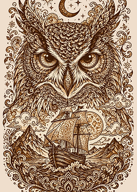 Ornate Owl and Sailing Ship Illustration