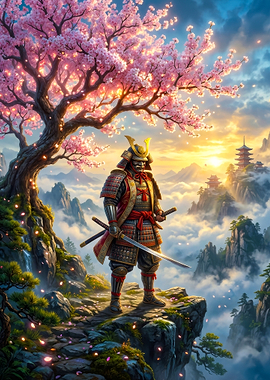 Samurai Standing Under Cherry Blossom Tree