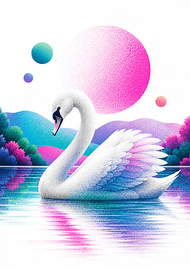 Stippled Art Swan on Surreal Lake