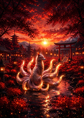 Nine-Tailed Fox in Japanese Garden