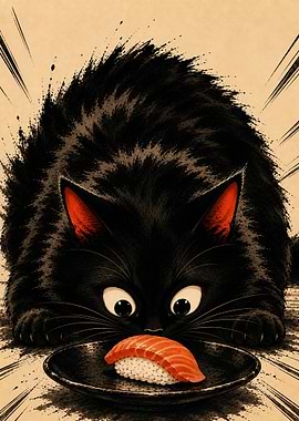 Black Cat Staring at Salmon Sushi
