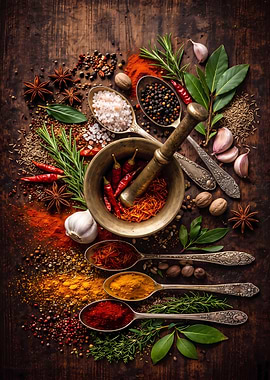 Assorted Spices and Herbs with Mortar