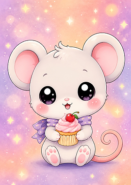 Cute Mouse Holding a Cupcake