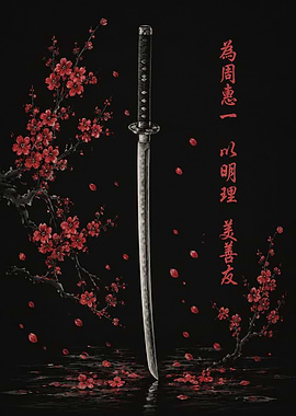 Katana with Red Cherry Blossoms