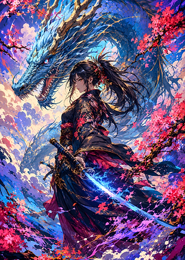 Samurai Woman with Blue Dragon