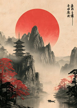 Traditional Japanese Pagoda Mountain Landscape