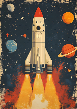 Vintage Style Rocket Ship Space Poster
