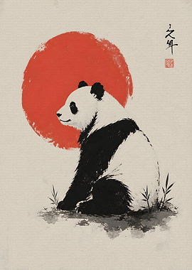 Sumi-e Style Panda with Red Sun