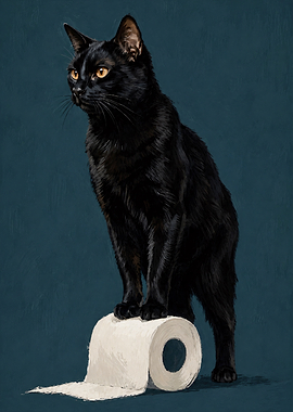Black Cat Standing on Toilet Paper
