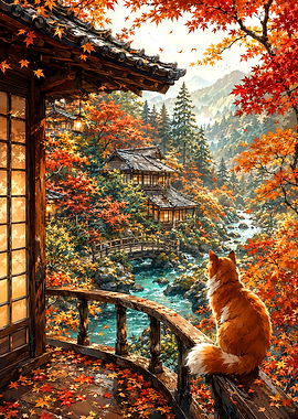 Fox Watching Autumn Japanese Garden